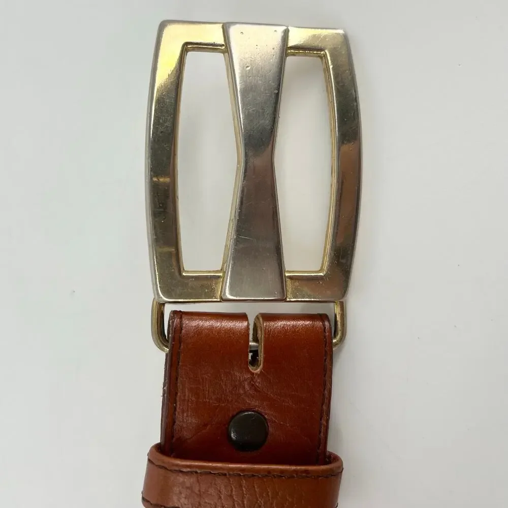 80s leather belt two tone buckle 1980s vintage